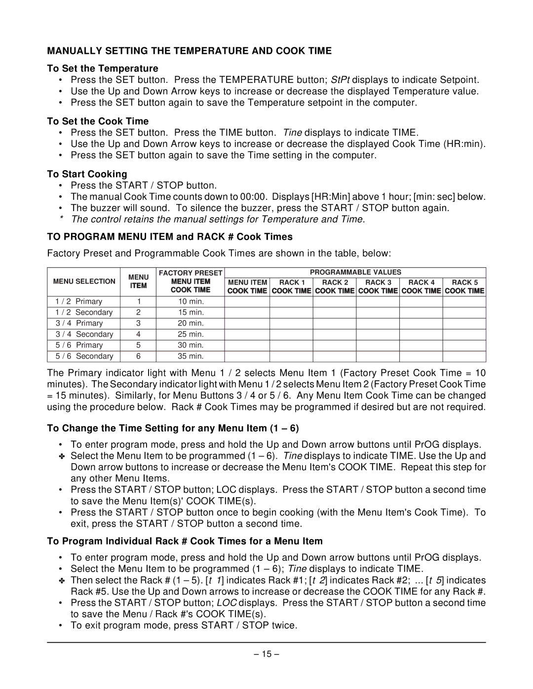 Vulcan-Hart GCO2C operation manual Manually Setting the Temperature and Cook Time 