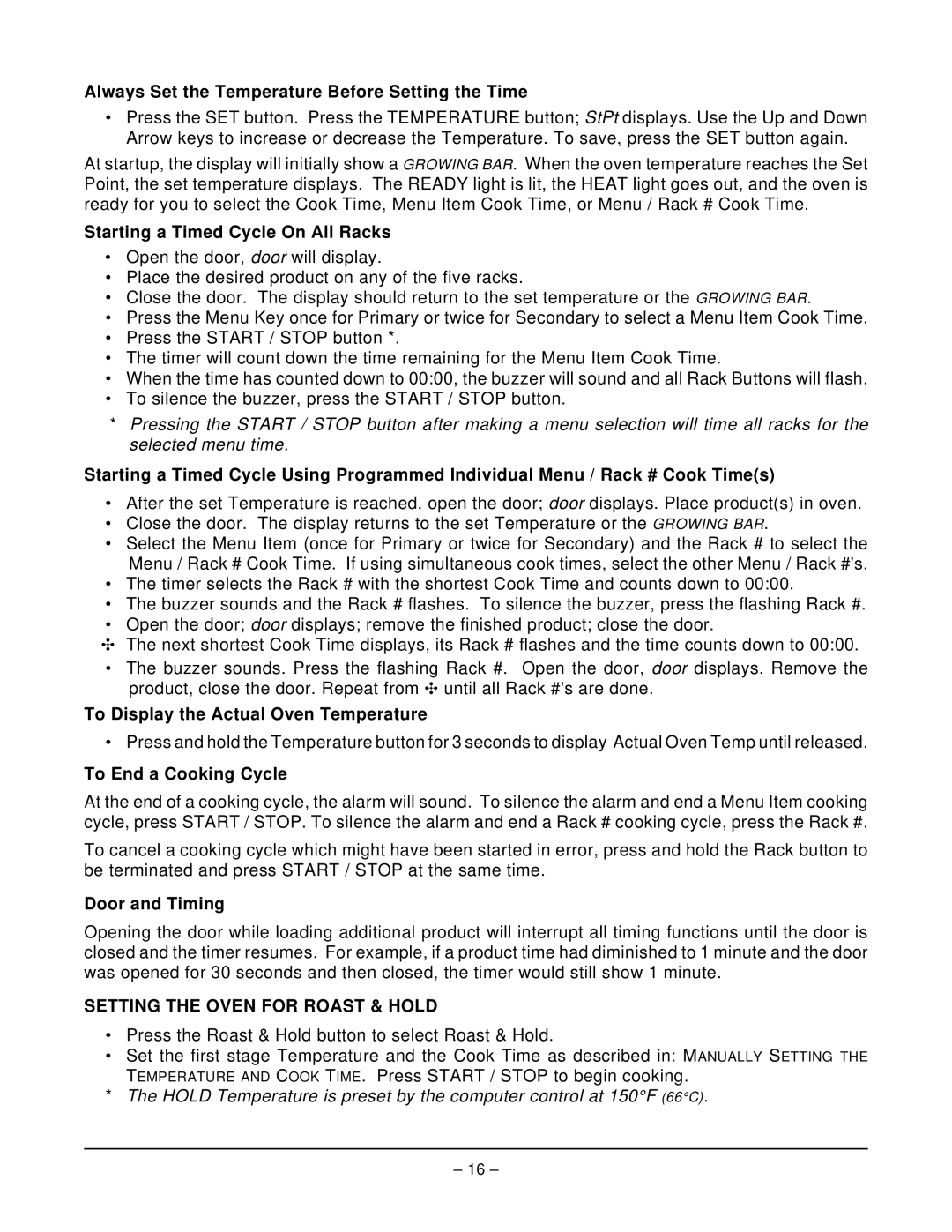 Vulcan-Hart GCO2C operation manual Setting the Oven for Roast & Hold 