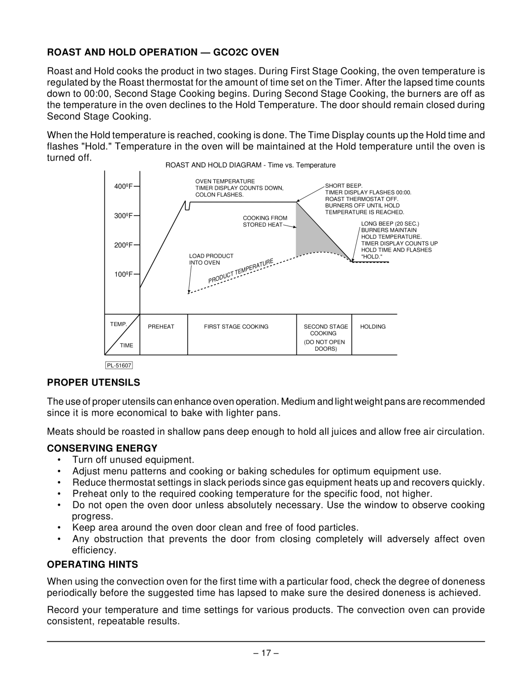 Vulcan-Hart operation manual Roast and Hold Operation GCO2C Oven, Proper Utensils, Conserving Energy, Operating Hints 