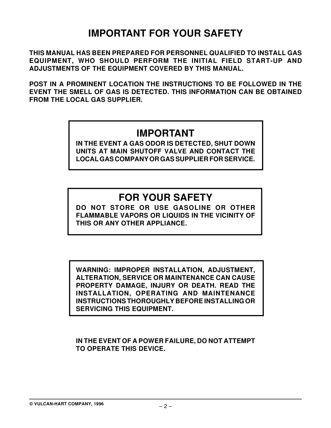 Vulcan-Hart GCO2C operation manual Important for Your Safety, For Your Safety 