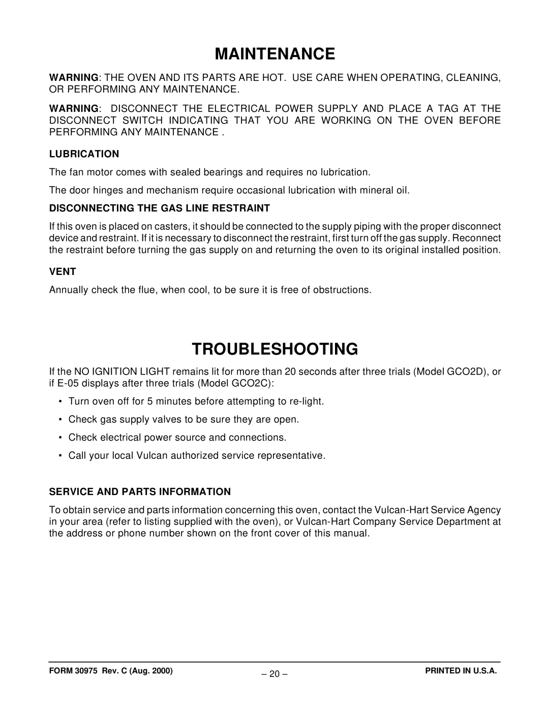 Vulcan-Hart GCO2C operation manual Maintenance, Troubleshooting 