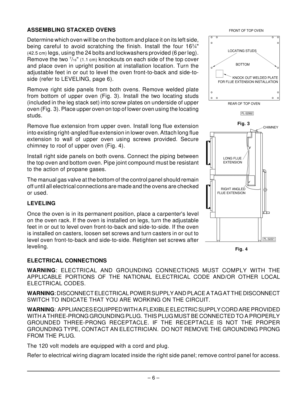 Vulcan-Hart GCO2C operation manual Assembling Stacked Ovens, Leveling, Electrical Connections 