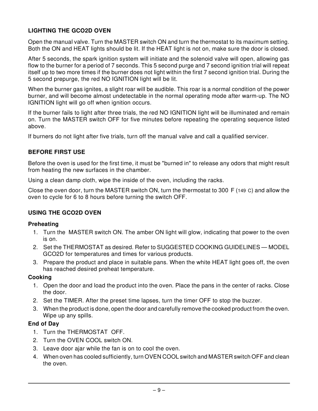 Vulcan-Hart GCO2C operation manual Lighting the GCO2D Oven, Before First USE, Using the GCO2D Oven 