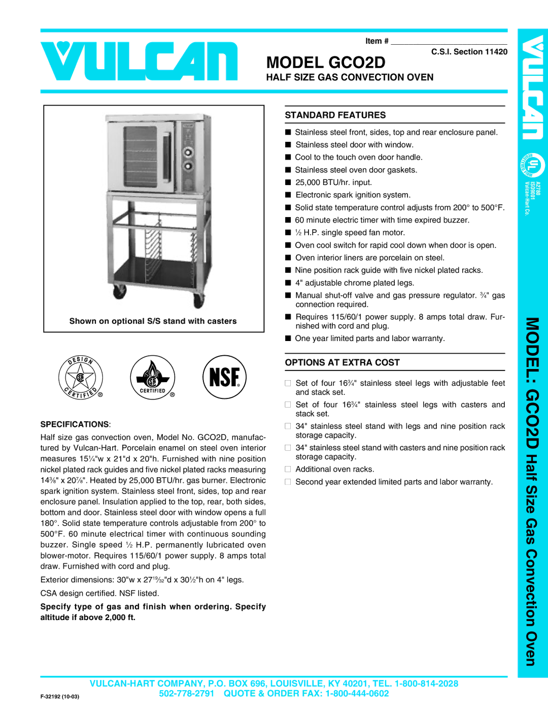 Vulcan-Hart warranty Model GCO2D, Half Size GAS Convection Oven, Standard Features, Options AT Extra Cost 