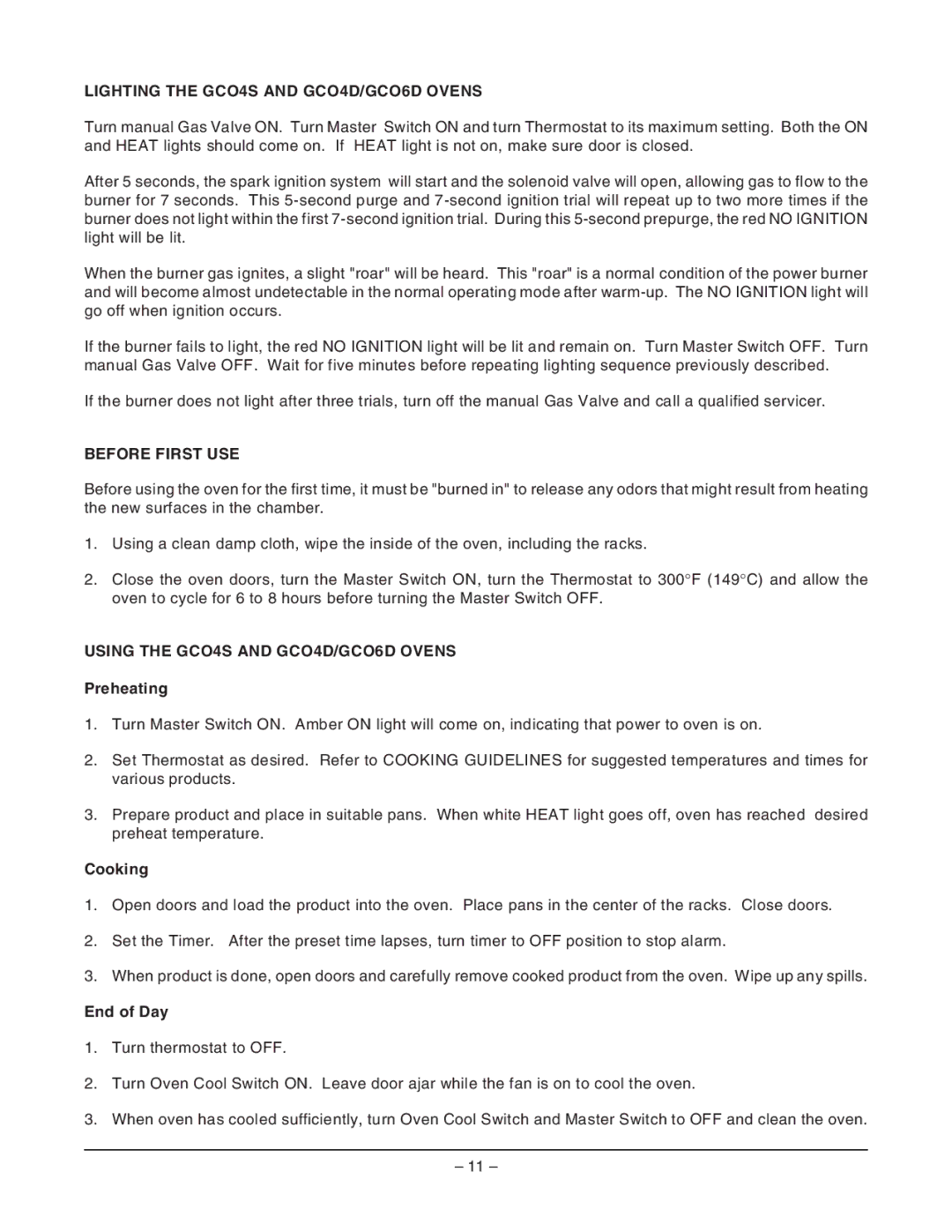 Vulcan-Hart GCO6D ML-114729, GCO6C ML-114730, GCO4S ML-52425 Lighting the GCO4S and GCO4D/GCO6D Ovens, Before First USE 