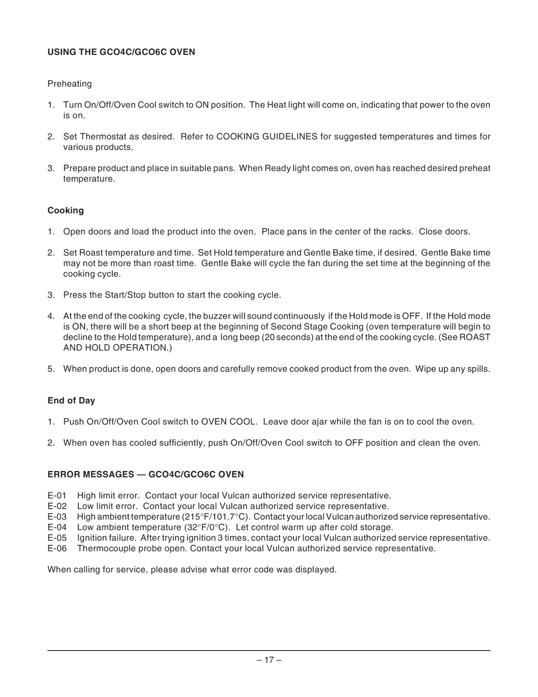 Vulcan-Hart GCO4S ML-52425, GCO6C ML-114730, GCO6D ML-114729 Using the GCO4C/GCO6C Oven, Error Messages GCO4C/GCO6C Oven 