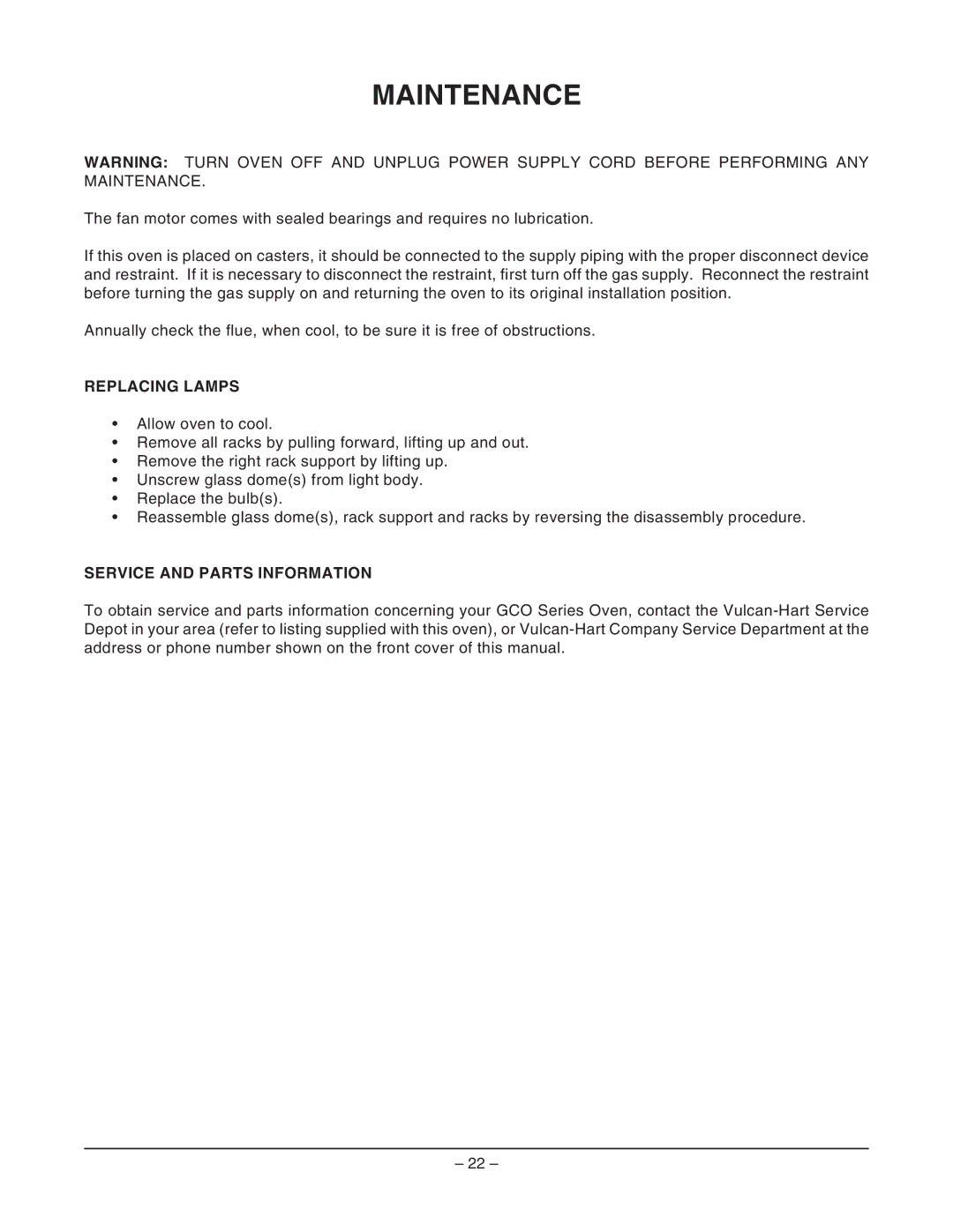 Vulcan-Hart GCO4S ML-52425, GCO6C ML-114730, GCO6D ML-114729 Maintenance, Replacing Lamps, Service and Parts Information 