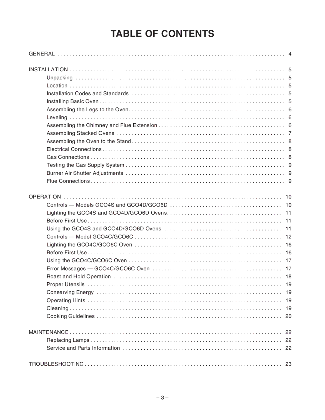 Vulcan-Hart GCO4C ML-52357, GCO6C ML-114730, GCO6D ML-114729, GCO4S ML-52425, GCO4D ML-52354 operation manual Table of Contents 