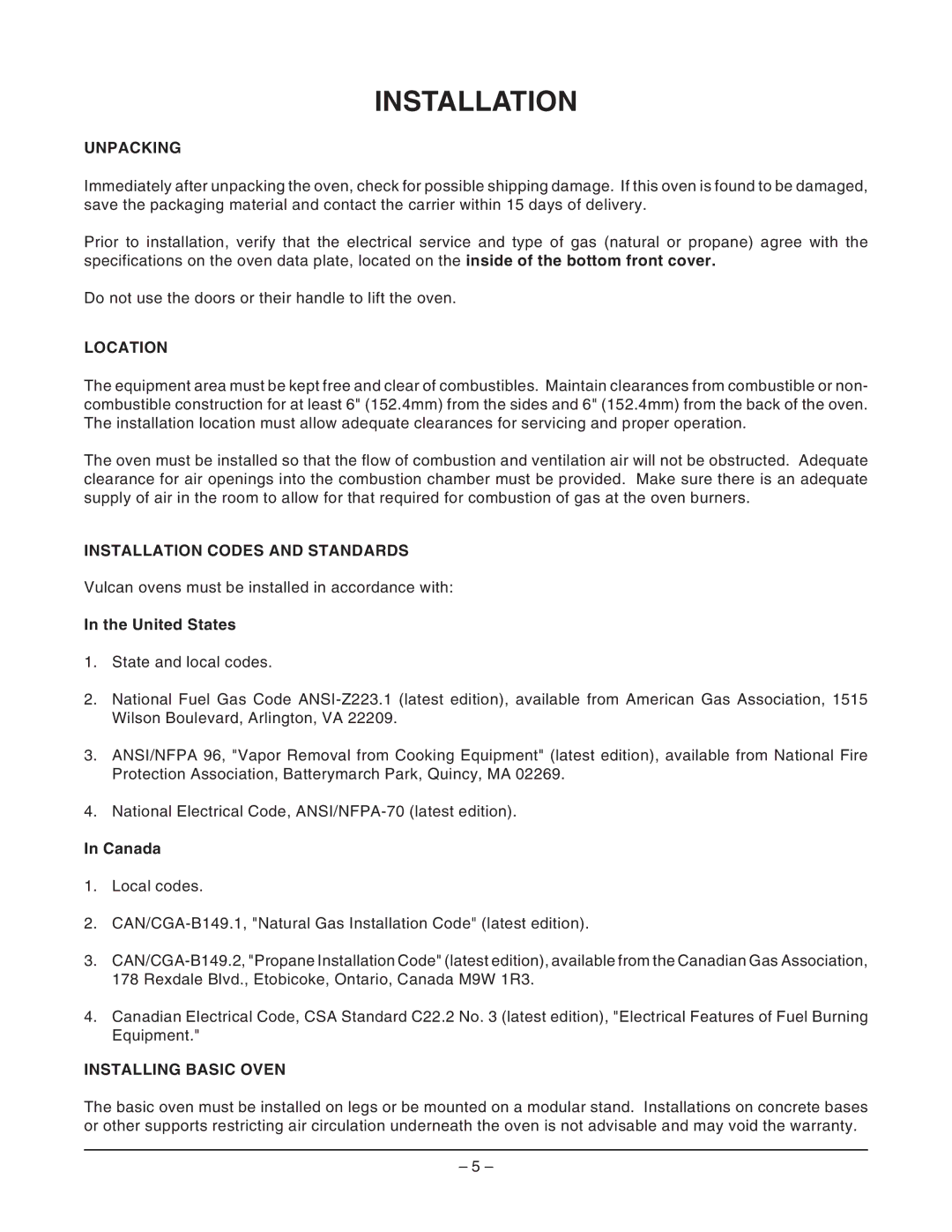 Vulcan-Hart GCO6C ML-114730 Unpacking, Location, Installation Codes and Standards, Installing Basic Oven 