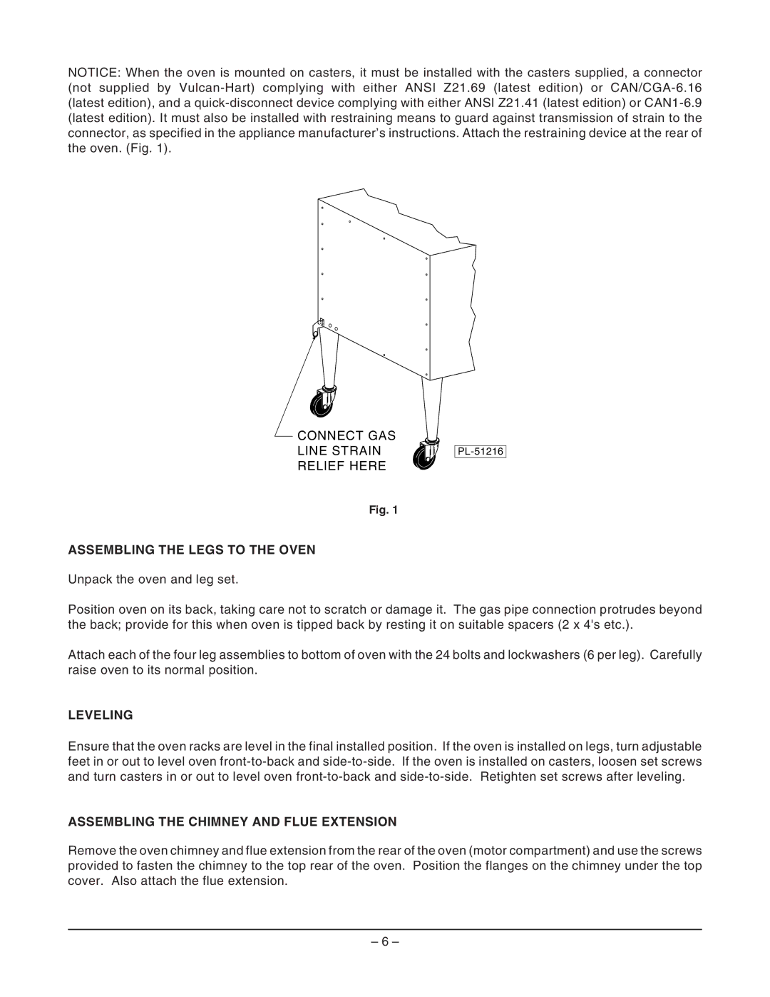 Vulcan-Hart GCO6D ML-114729 Assembling the Legs to the Oven, Leveling, Assembling the Chimney and Flue Extension 