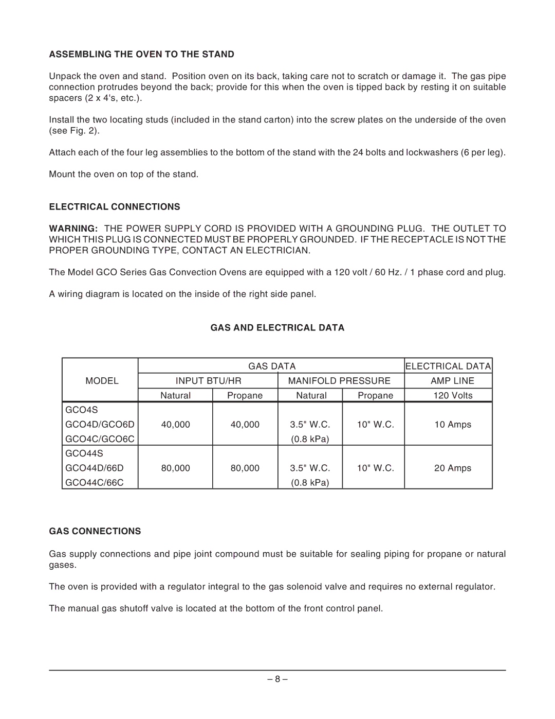 Vulcan-Hart GCO4C ML-52357 Assembling the Oven to the Stand, Electrical Connections, GAS and Electrical Data 