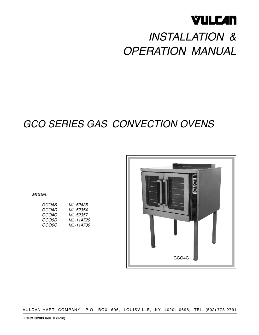 Vulcan-Hart GCO6D ML-114729 operation manual Installation Operation Manual, Gco Series Gas Convection Ovens 