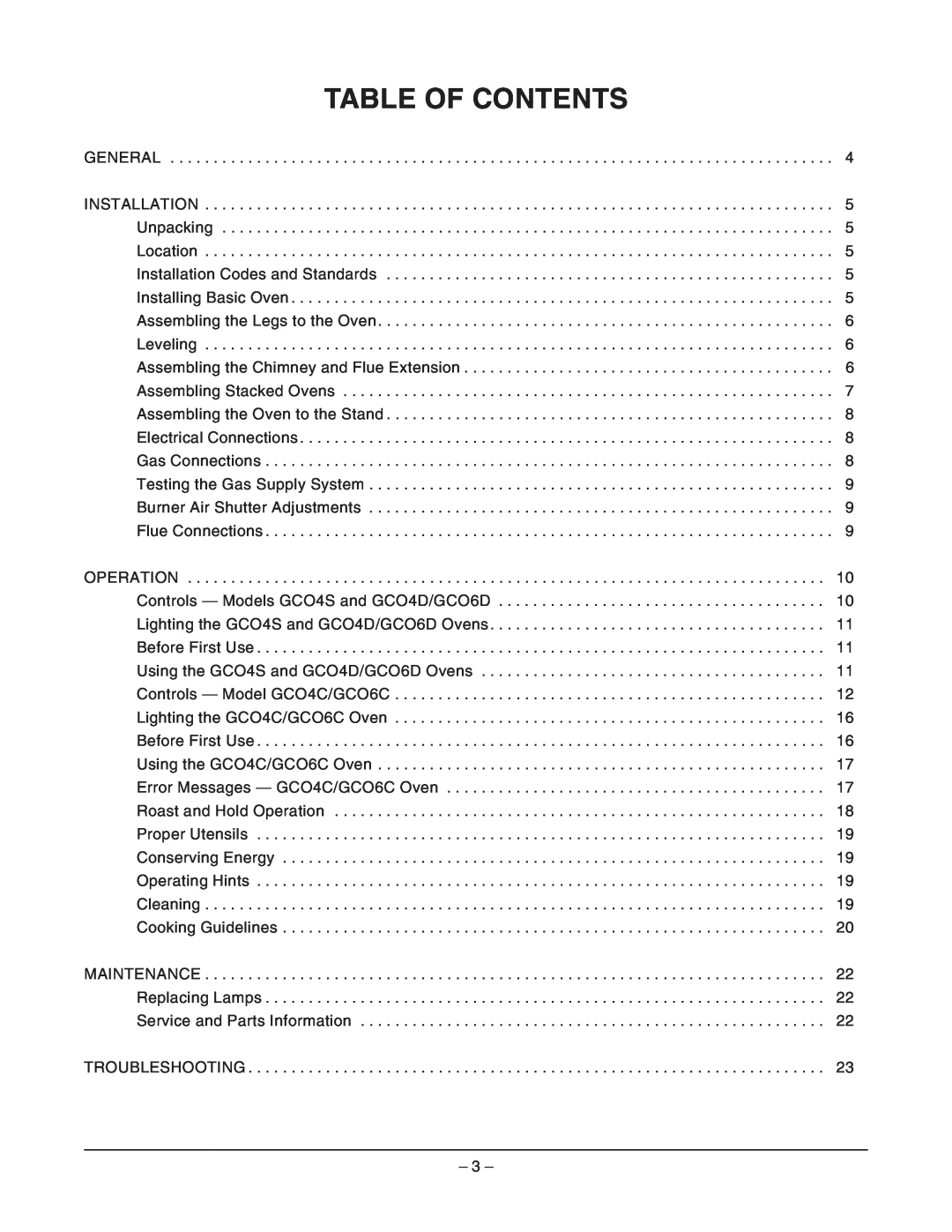 Vulcan-Hart GCO4C ML-52357, GCO6C ML-114730 Table Of Contents, General, OPERATION Controls - Models GCO4S and GCO4D/GCO6D 
