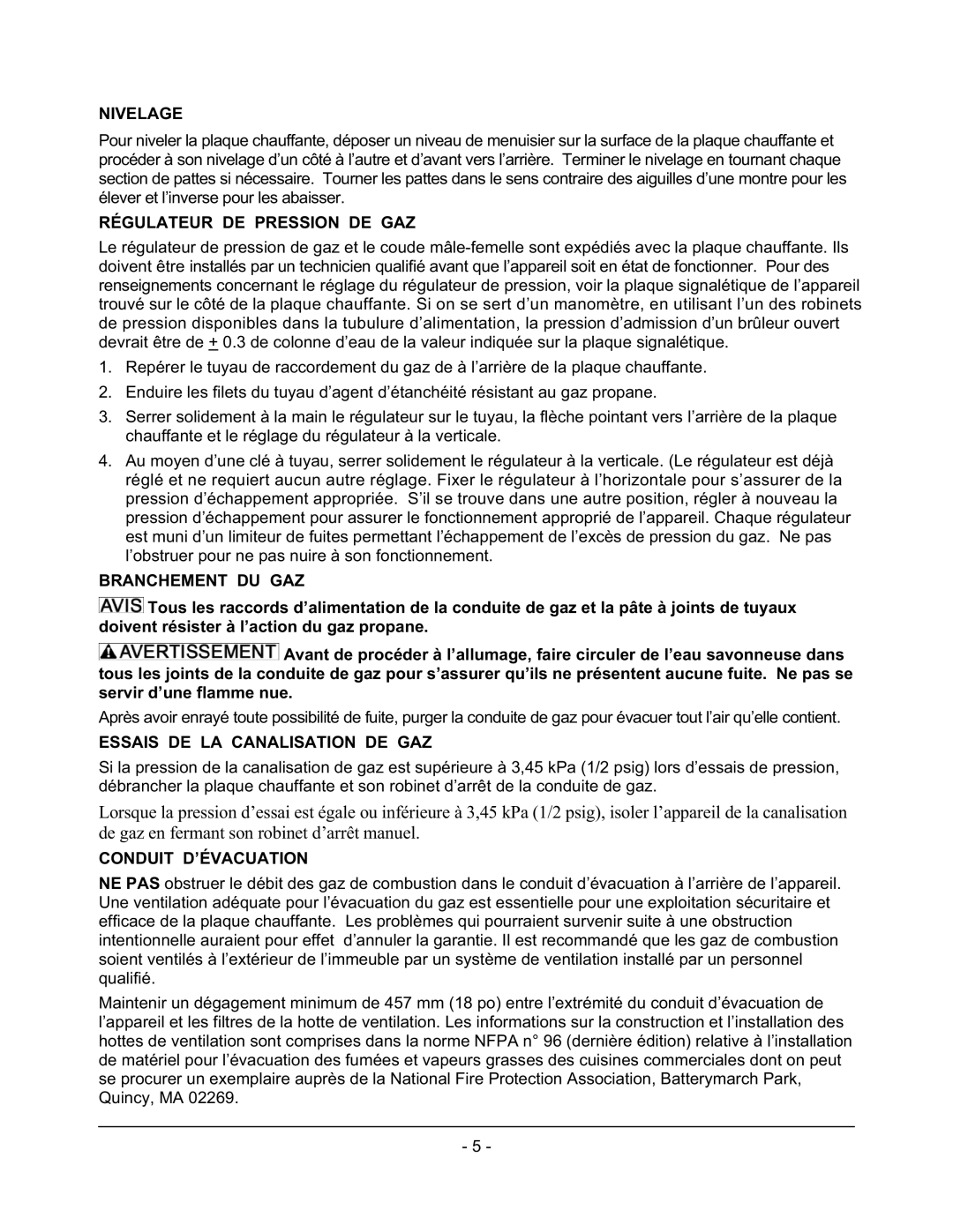 Vulcan-Hart GCT48, GCT60 Nivelage, Régulateur DE Pression DE GAZ, Branchement DU GAZ, Essais DE LA Canalisation DE GAZ 