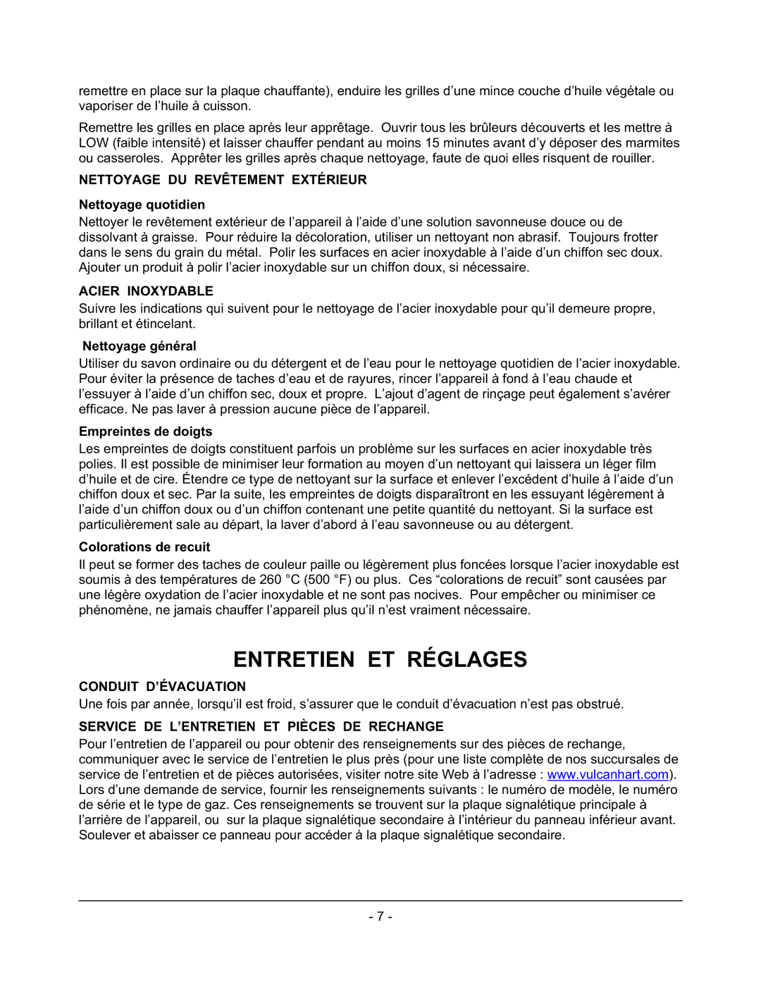 Vulcan-Hart GCT24, GCT60, GCT48, GCT12, GCT72 Entretien ET Réglages, Nettoyage DU Revêtement Extérieur, Acier Inoxydable 