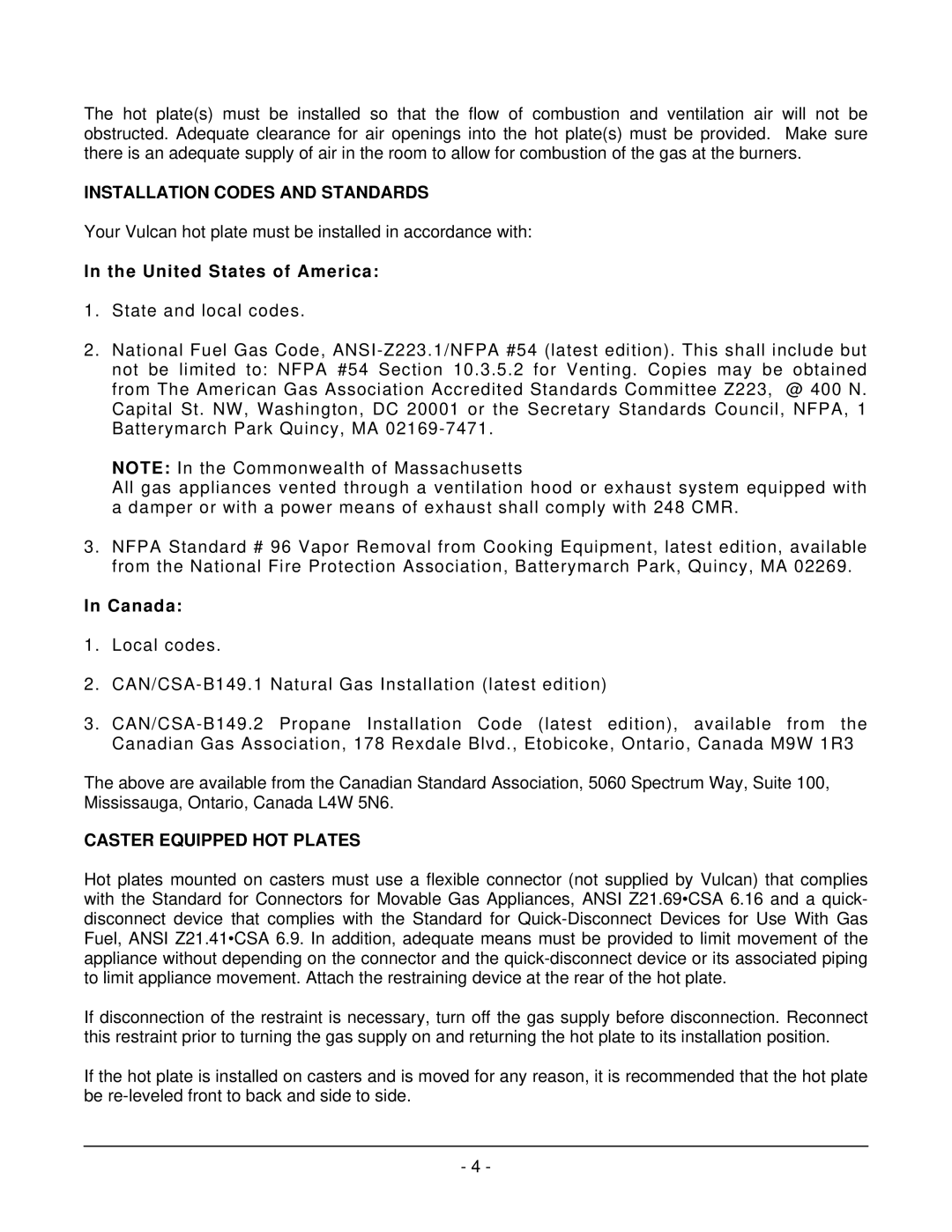 Vulcan-Hart GCT72, GCT60, GCT48, GCT12, GCT24, GCT36 Installation Codes and Standards, Caster Equipped HOT Plates 
