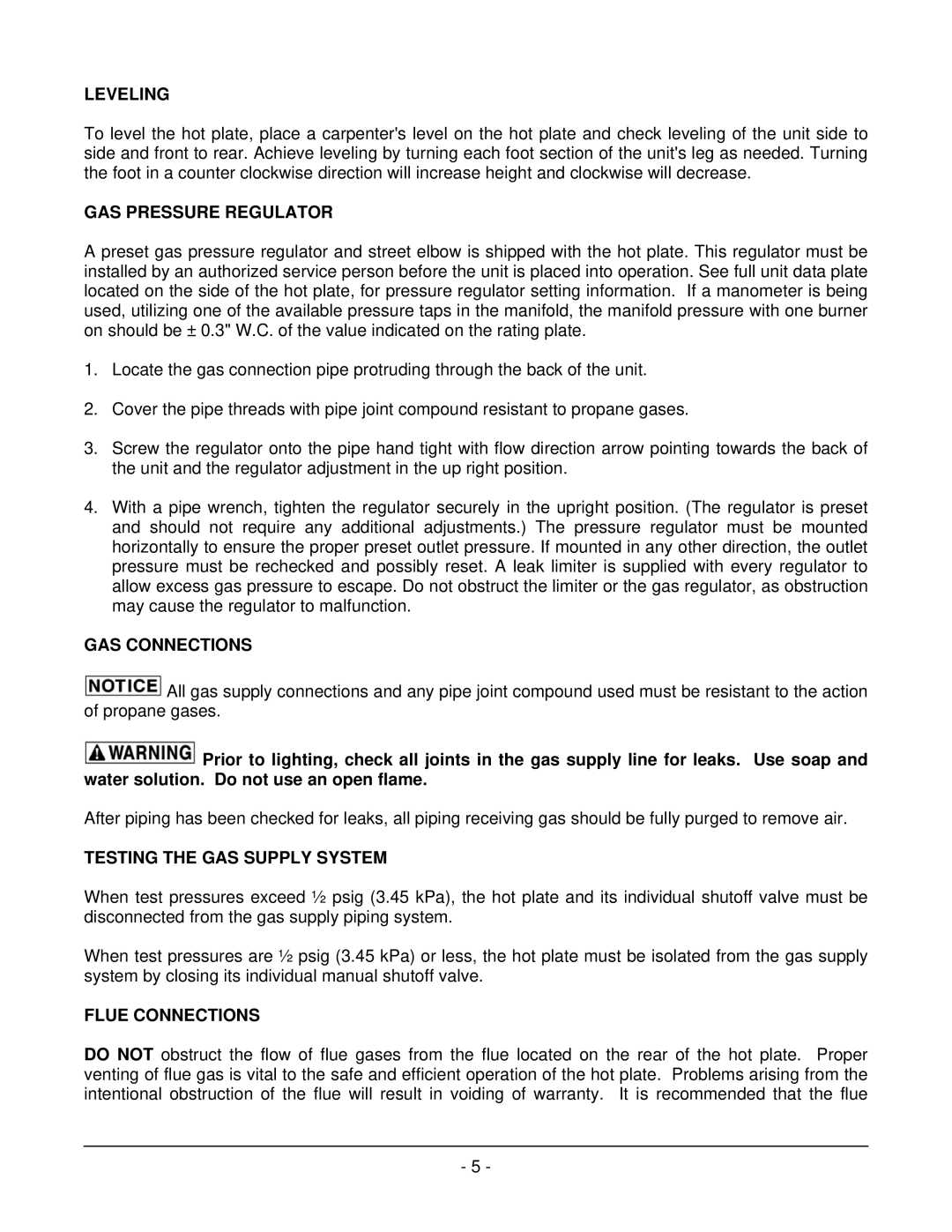 Vulcan-Hart GCT36 Leveling, GAS Pressure Regulator, GAS Connections, Testing the GAS Supply System, Flue Connections 