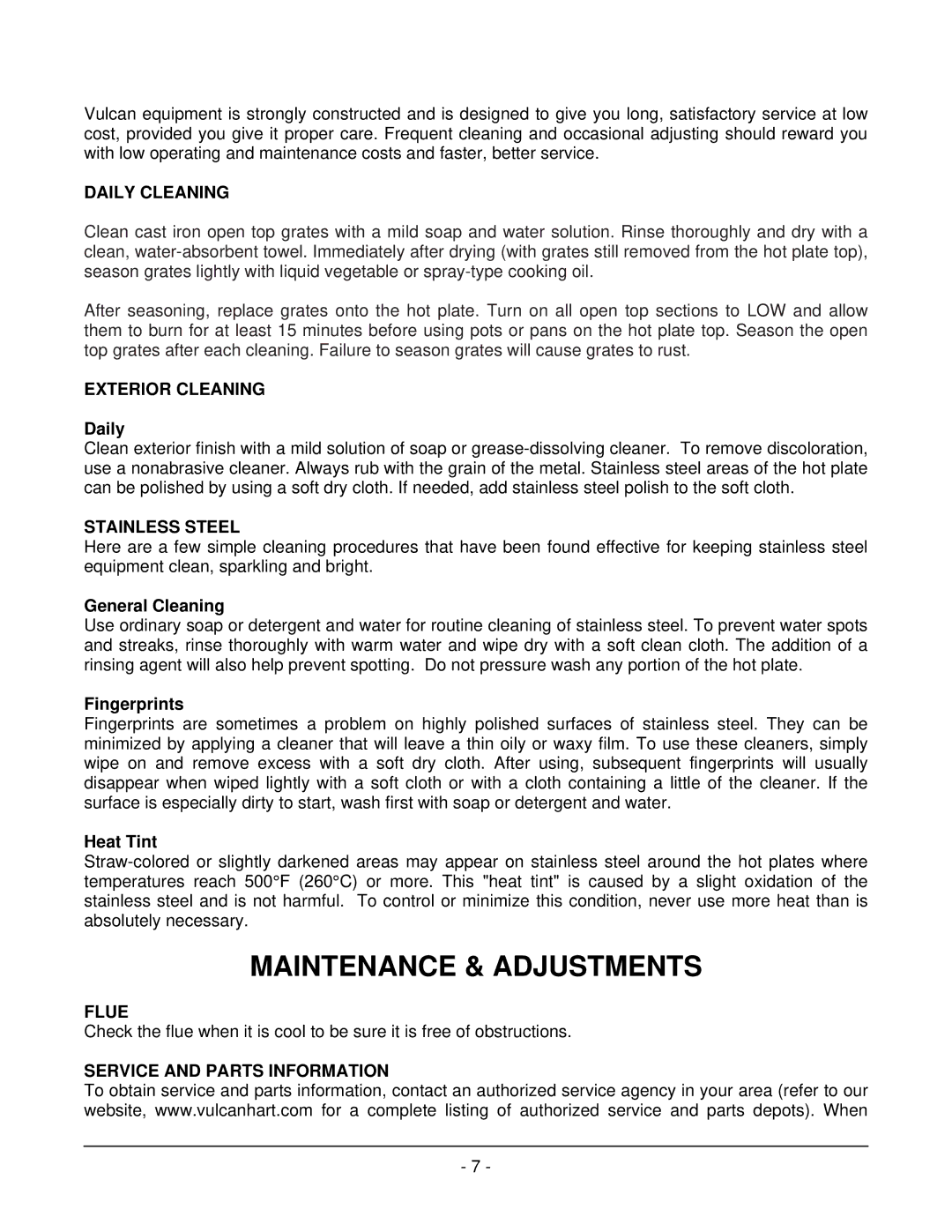 Vulcan-Hart GCT48, GCT60, GCT12, GCT24, GCT72, GCT36 operation manual Maintenance & Adjustments 