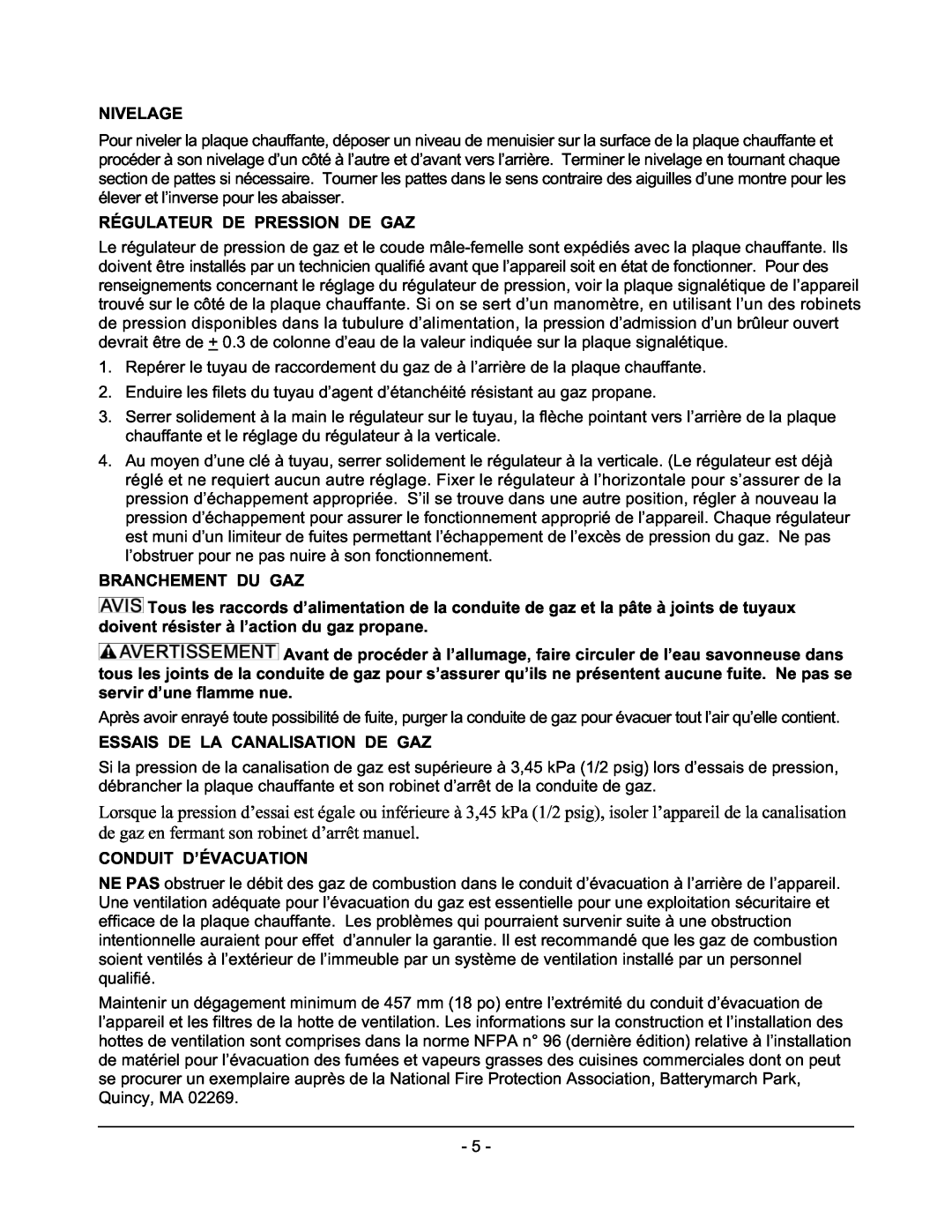 Vulcan-Hart GCT48, GCT60 Nivelage, Régulateur De Pression De Gaz, Branchement Du Gaz, Essais De La Canalisation De Gaz 