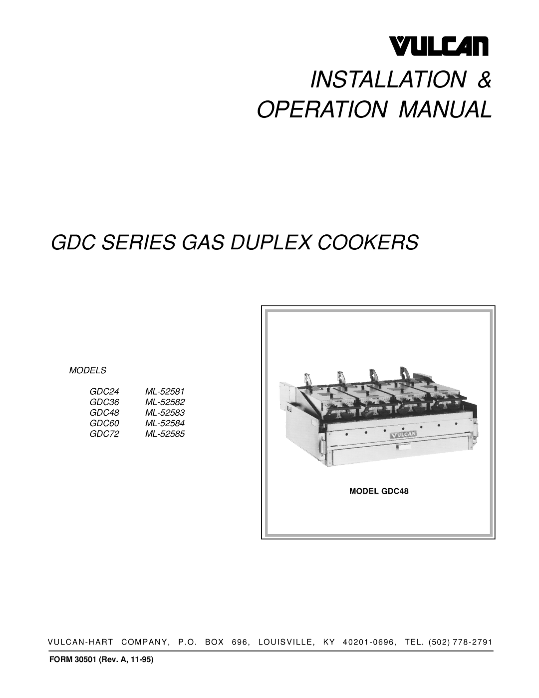 Vulcan-Hart GDC36 ML-52582, GDC72 ML-52585, GDC48 ML-52583, GDC60 ML-52584, GDC24 ML-52581 operation manual Installation 