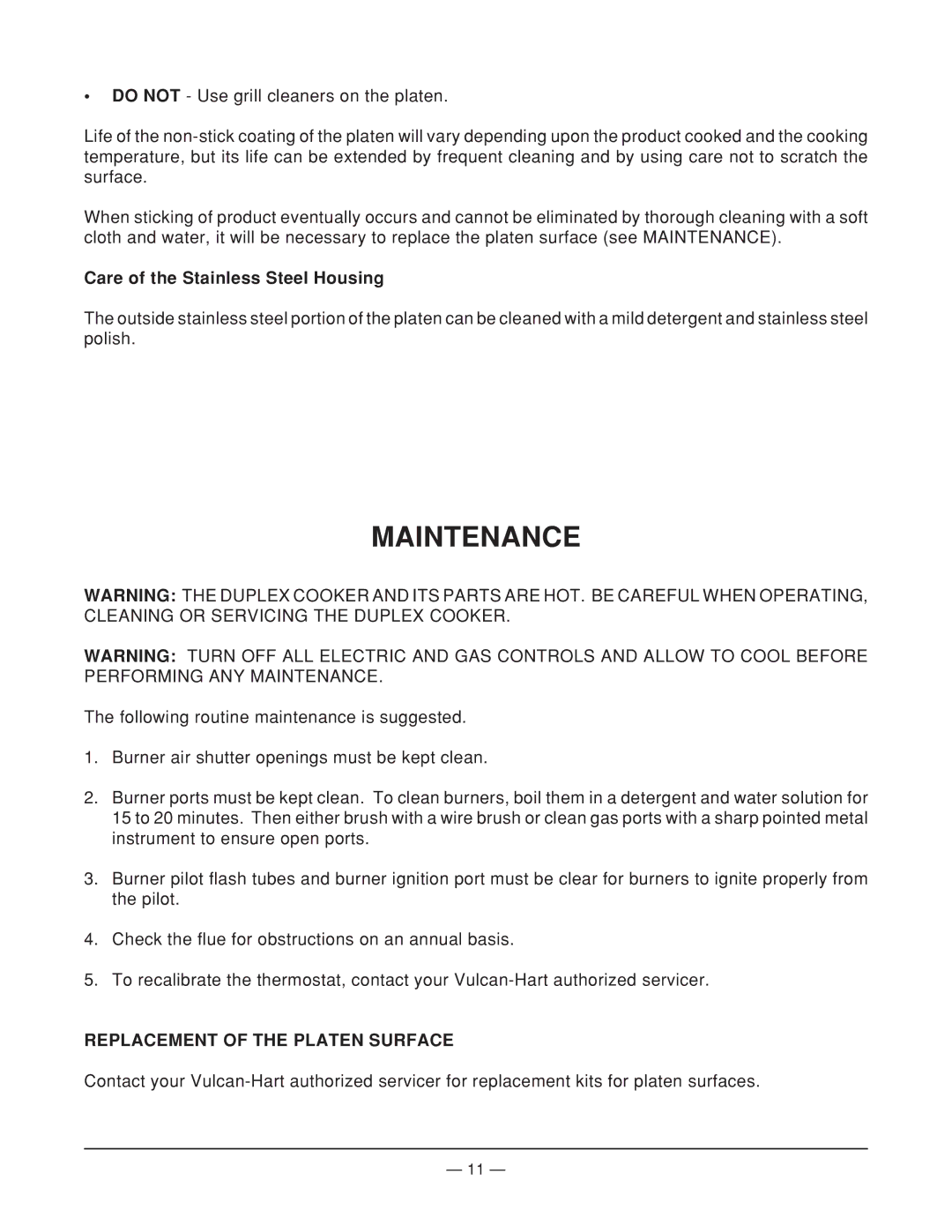 Vulcan-Hart GDC36 ML-52582 Maintenance, Care of the Stainless Steel Housing, Replacement of the Platen Surface 