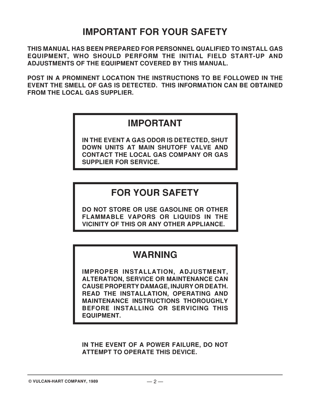 Vulcan-Hart GDC48 ML-52583, GDC72 ML-52585, GDC36 ML-52582, GDC60 ML-52584 Important for Your Safety, For Your Safety 