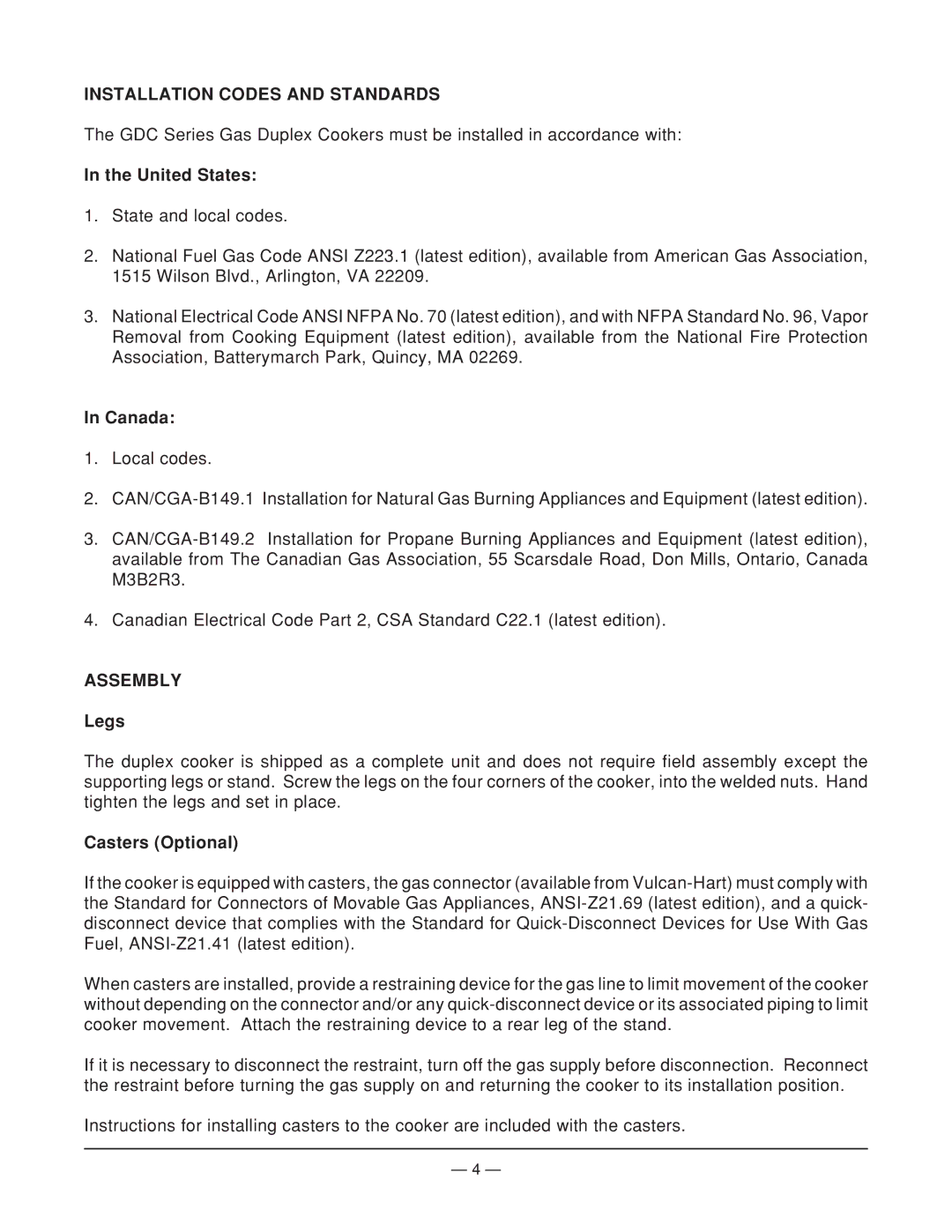 Vulcan-Hart GDC24 ML-52581, GDC72 ML-52585, GDC36 ML-52582, GDC48 ML-52583 Installation Codes and Standards, Assembly 