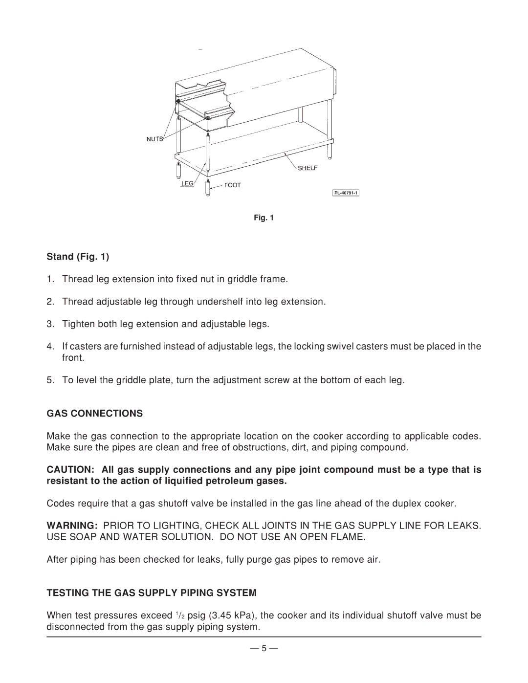 Vulcan-Hart GDC72 ML-52585, GDC36 ML-52582, GDC48 ML-52583 Stand Fig, GAS Connections, Testing the GAS Supply Piping System 