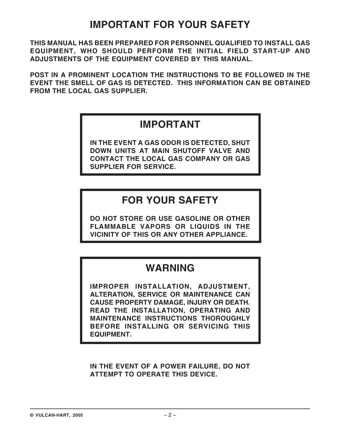 Vulcan-Hart GHF91, GHF90 operation manual Important for Your Safety, For Your Safety 