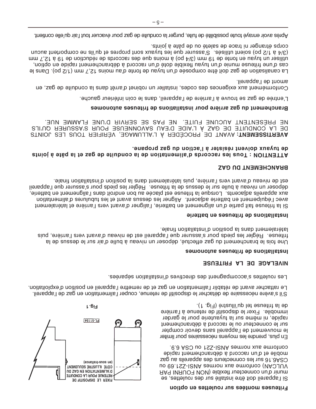 Vulcan-Hart GHF91, GHF90 operation manual GAZ DU Branchement, Friteuse LA DE Nivelage 