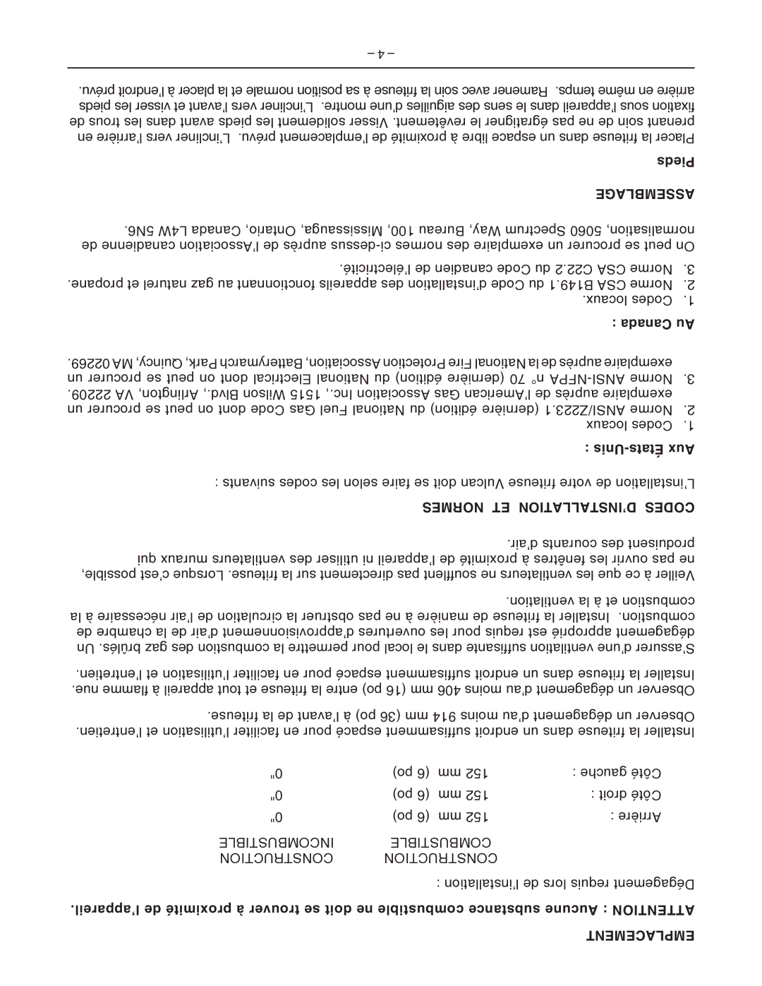 Vulcan-Hart GHF90, GHF91 operation manual Assemblage, Normes ET D’INSTALLATION Codes, Emplacement 