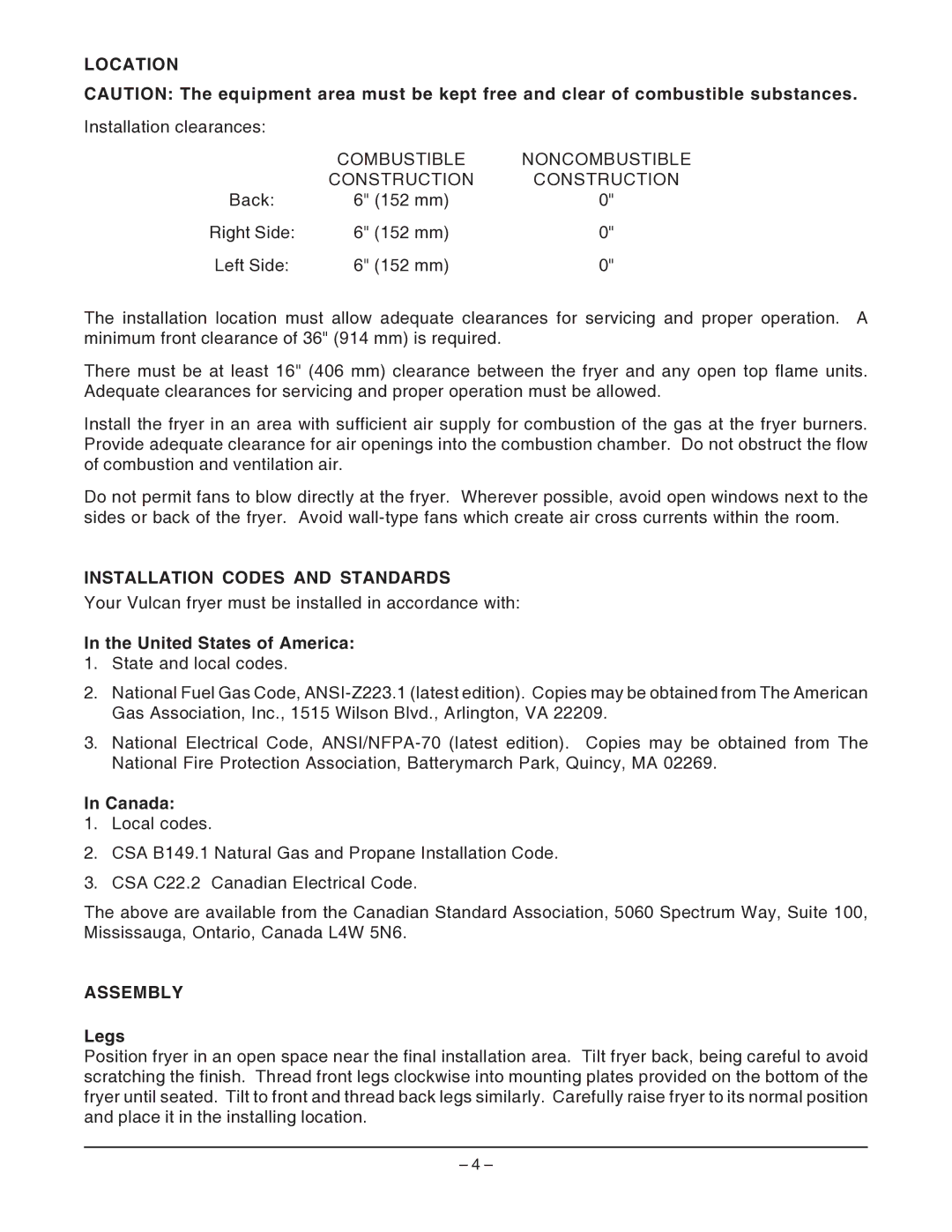 Vulcan-Hart GHF91, GHF90 operation manual Location, Installation Codes and Standards, Assembly 