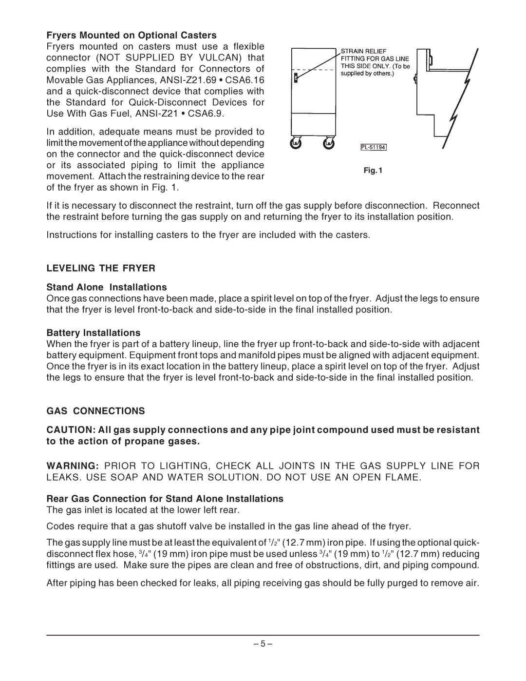 Vulcan-Hart GHF90, GHF91 operation manual Leveling the Fryer, GAS Connections 