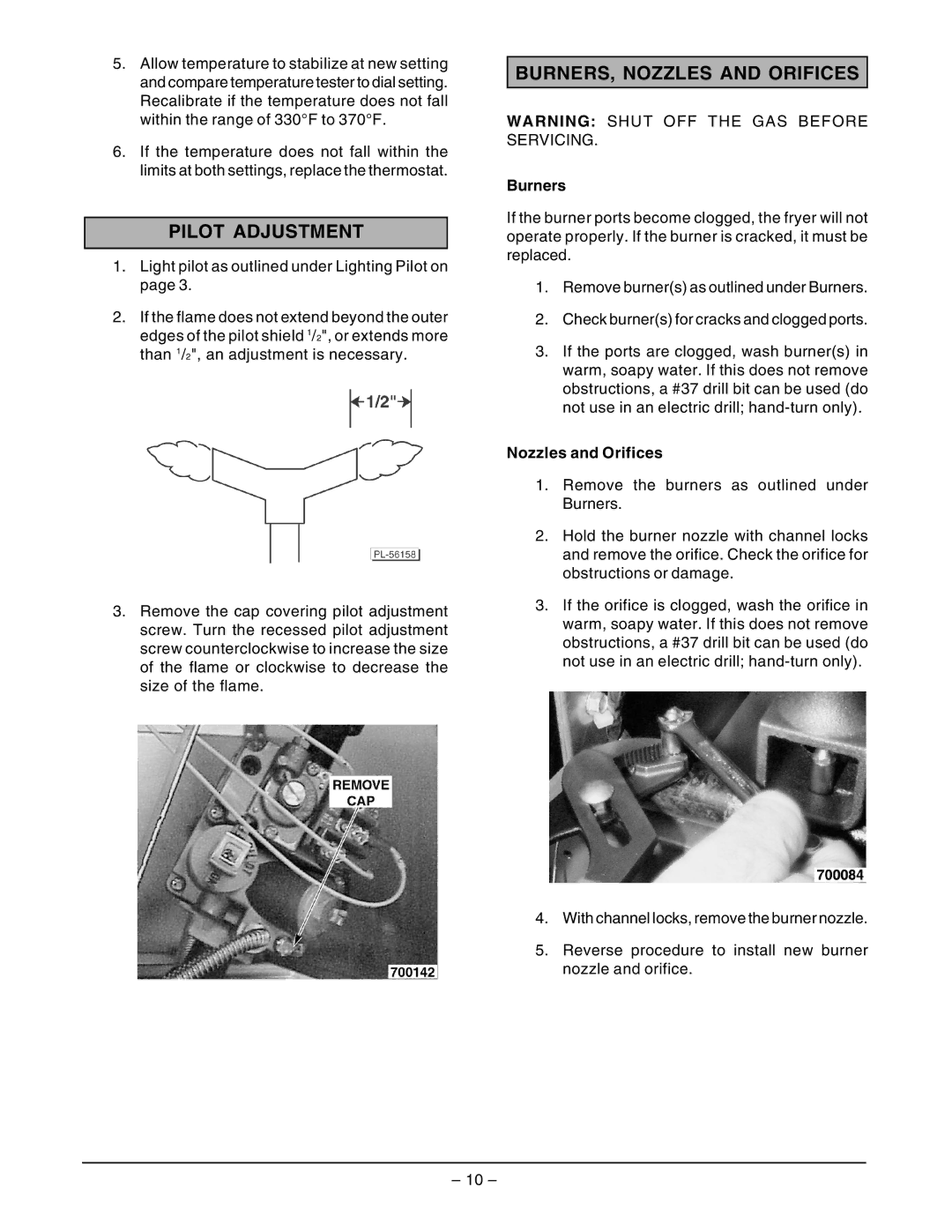 Vulcan-Hart GHF91G ML-135503, GHF90G ML-135504 service manual Pilot Adjustment, BURNERS, Nozzles and Orifices, Burners 