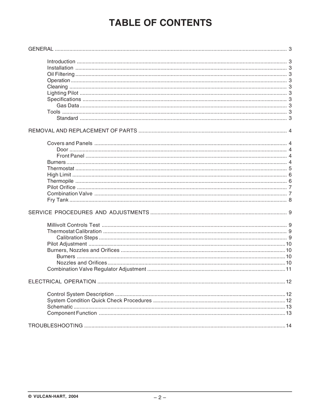 Vulcan-Hart GHF91G ML-135503, GHF90G ML-135504 service manual Table of Contents 