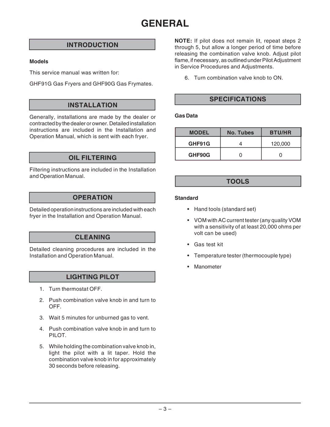 Vulcan-Hart GHF90G ML-135504, GHF91G ML-135503 service manual General, Introduction, Specifications, Tools 