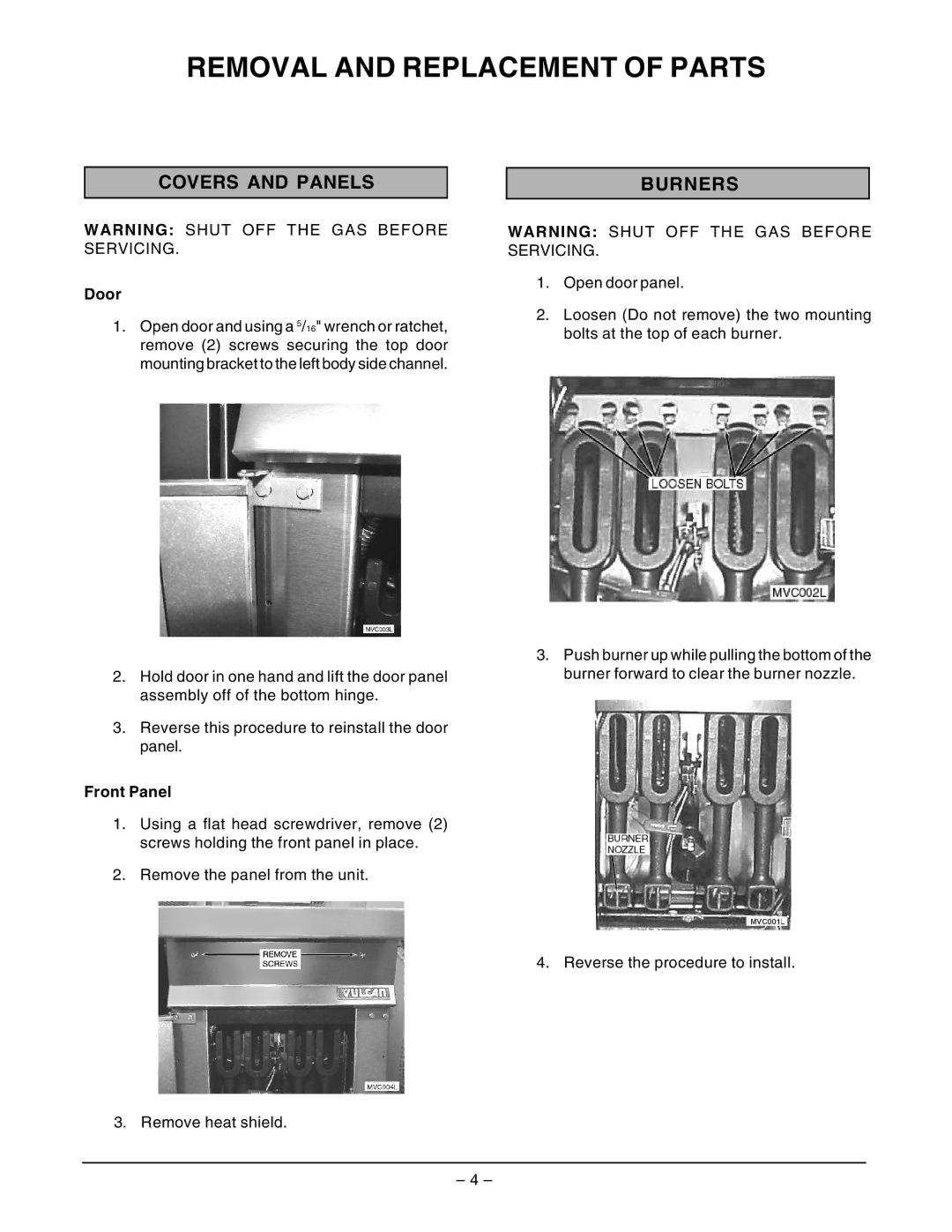 Vulcan-Hart GHF91G ML-135503 service manual Removal and Replacement of Parts, Covers and Panels, Burners, Door, Front Panel 