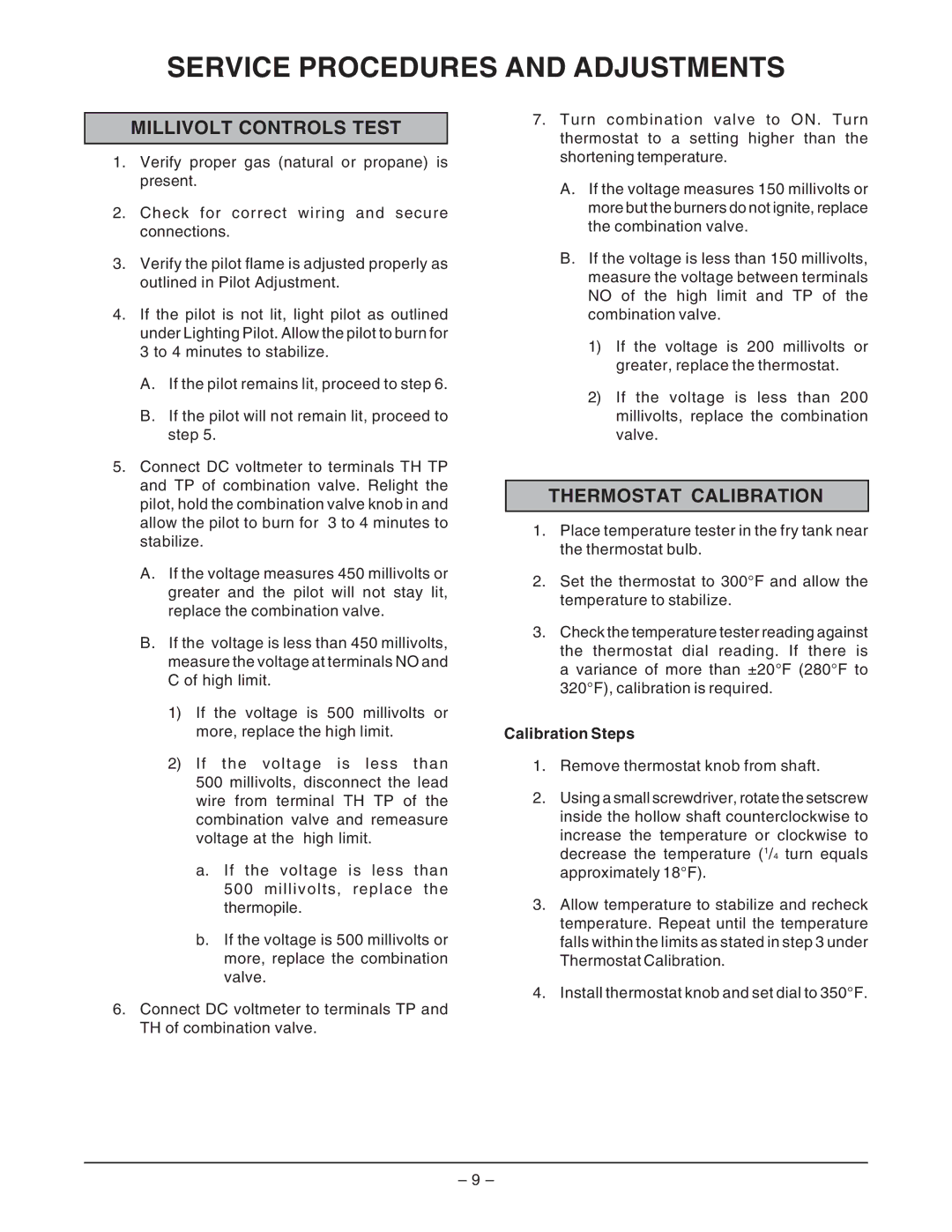 Vulcan-Hart GHF90G ML-135504 Service Procedures and Adjustments, Millivolt Controls Test, Thermostat Calibration 