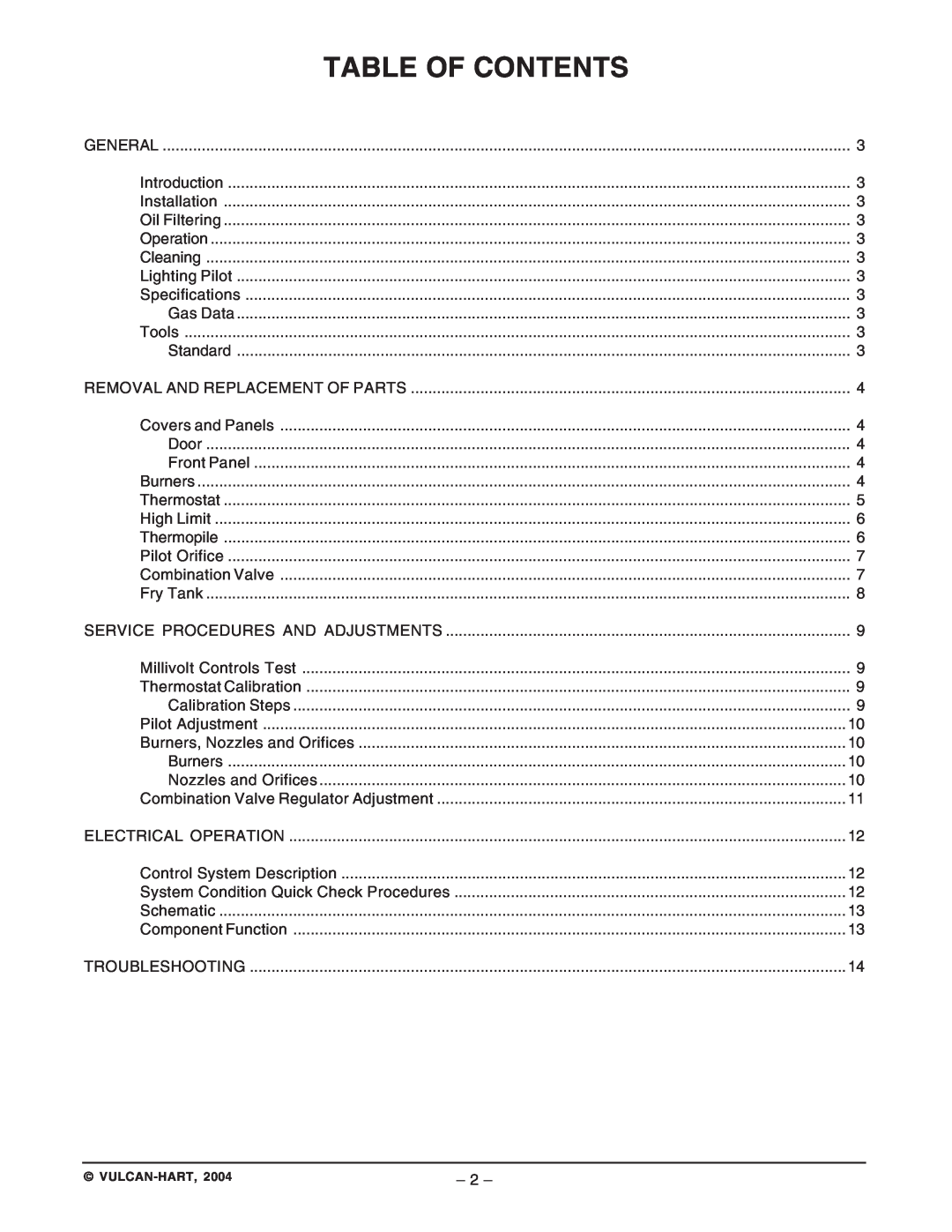 Vulcan-Hart GHF91G ML-135503, GHF90G ML-135504 service manual Table Of Contents, 2 