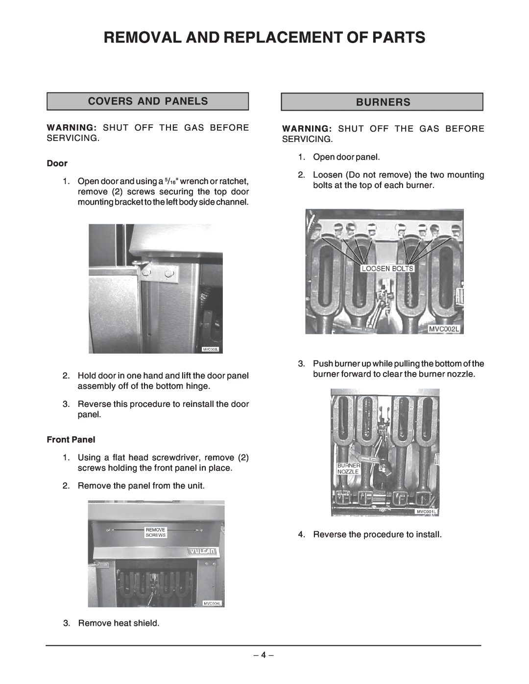 Vulcan-Hart GHF91G ML-135503, GHF90G ML-135504 service manual Removal And Replacement Of Parts, Covers And Panels, Burners 