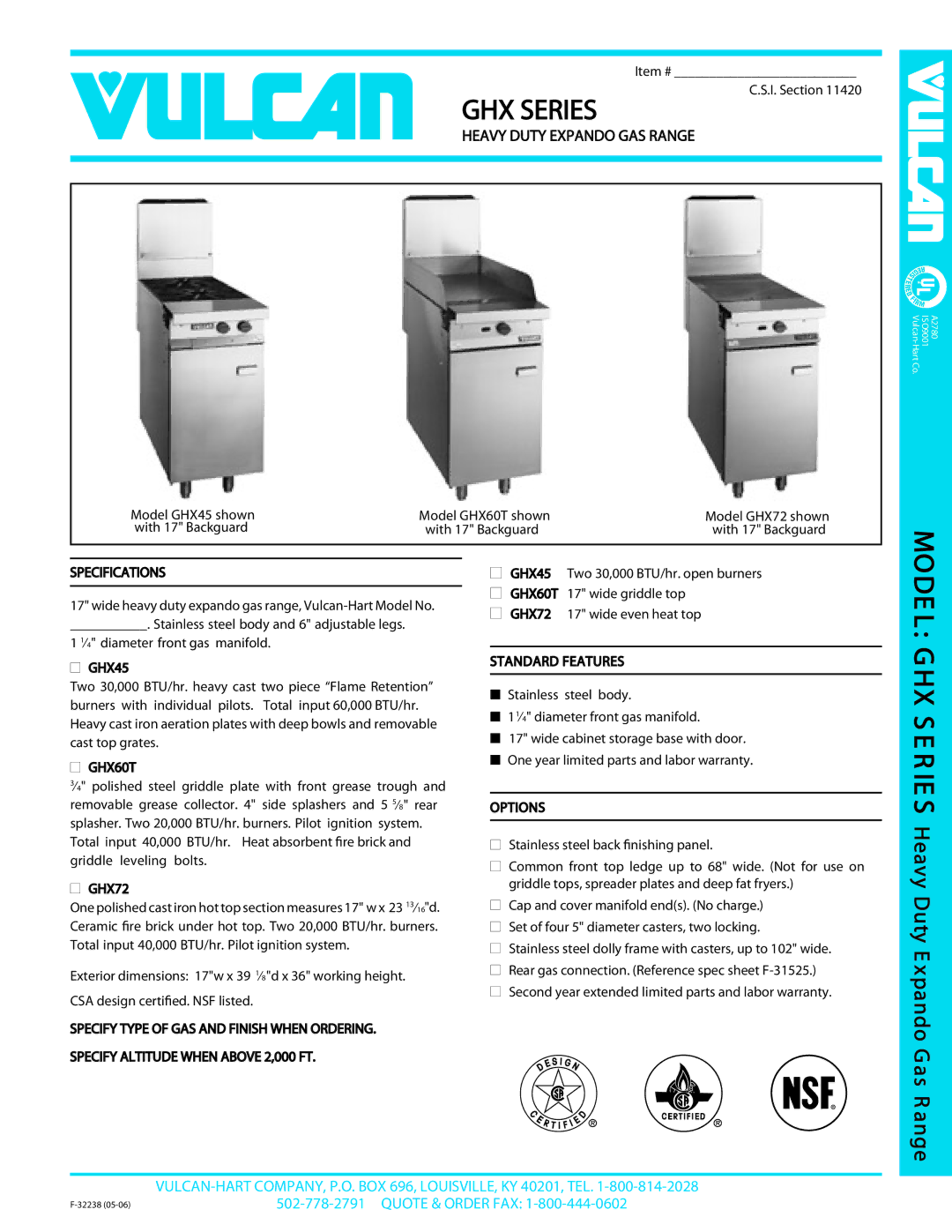 Vulcan-Hart specifications Specifications, GHX45, GHX60T, GHX72, Standard Features, Options 