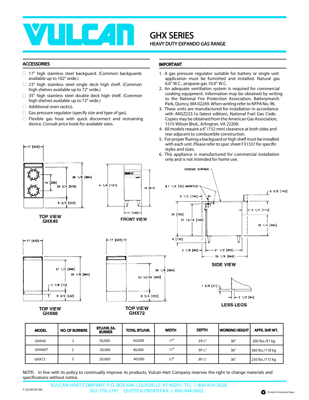 Vulcan-Hart GHX specifications Accessories 