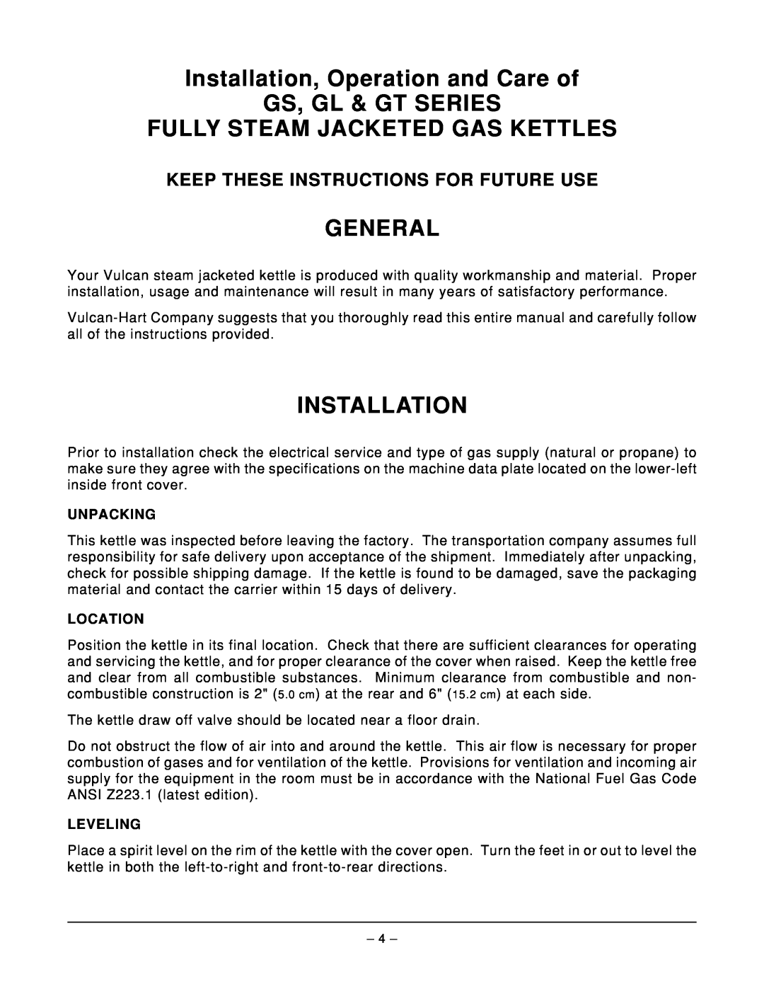 Vulcan-Hart GS25E ML-52633 Installation, Operation and Care of GS, GL & GT SERIES, Fully Steam Jacketed Gas Kettles 