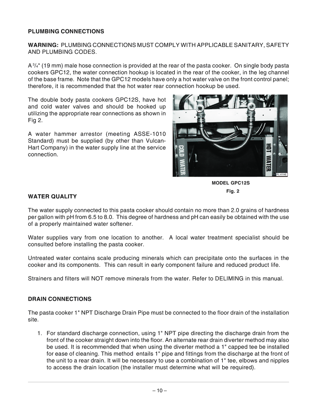 Vulcan-Hart ML-126883, ML-126881, GPC12S manual Plumbing Connections, Water Quality, Drain Connections 