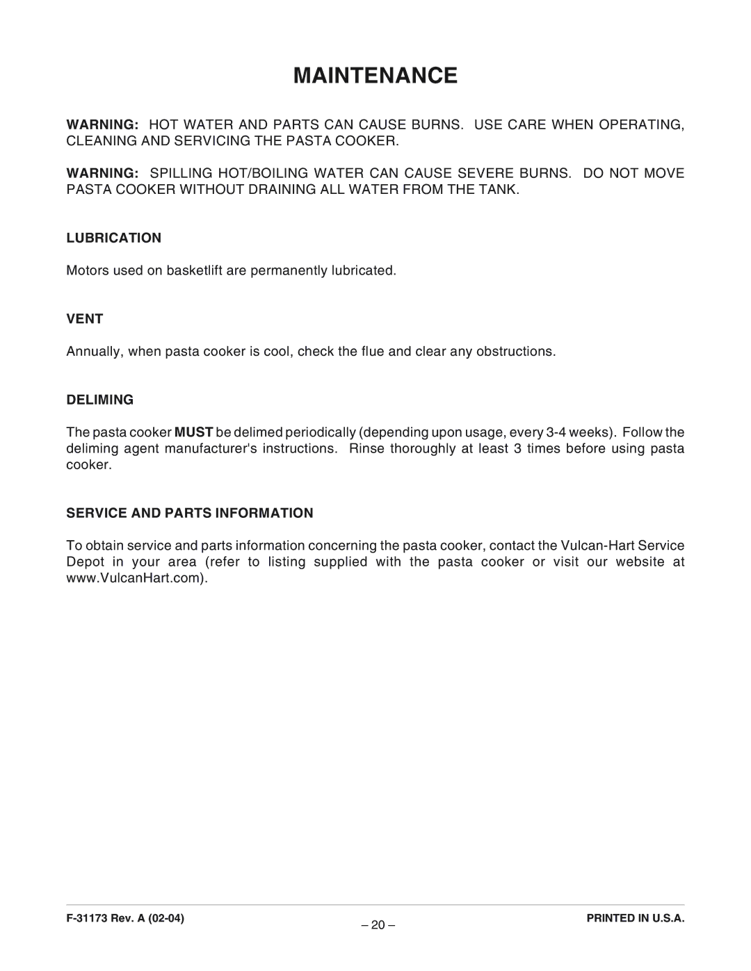 Vulcan-Hart ML-126881, ML-126883, GPC12S manual Maintenance, Lubrication, Vent, Deliming, Service and Parts Information 