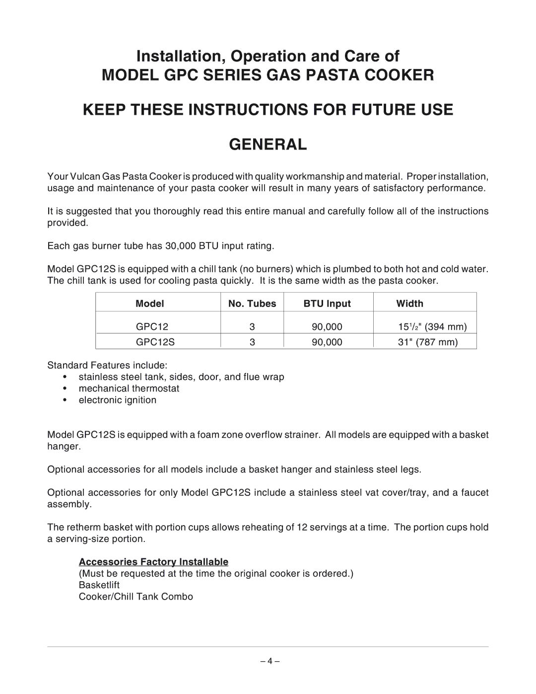 Vulcan-Hart ML-126881, ML-126883, GPC12S manual Model No. Tubes BTU Input Width, Accessories Factory Installable 