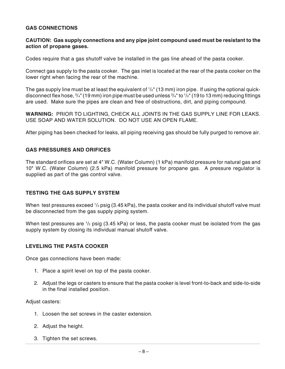 Vulcan-Hart GPC12 GAS Connections, GAS Pressures and Orifices, Testing the GAS Supply System, Leveling the Pasta Cooker 
