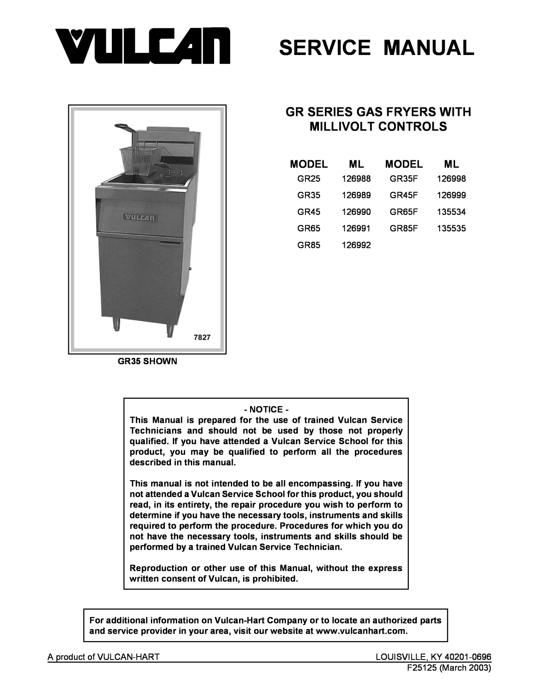 Vulcan-Hart GR85F, GR65F, GR35F, GR45F, GR25 service manual Gr Series Gas Fryers With Millivolt Controls, Model 