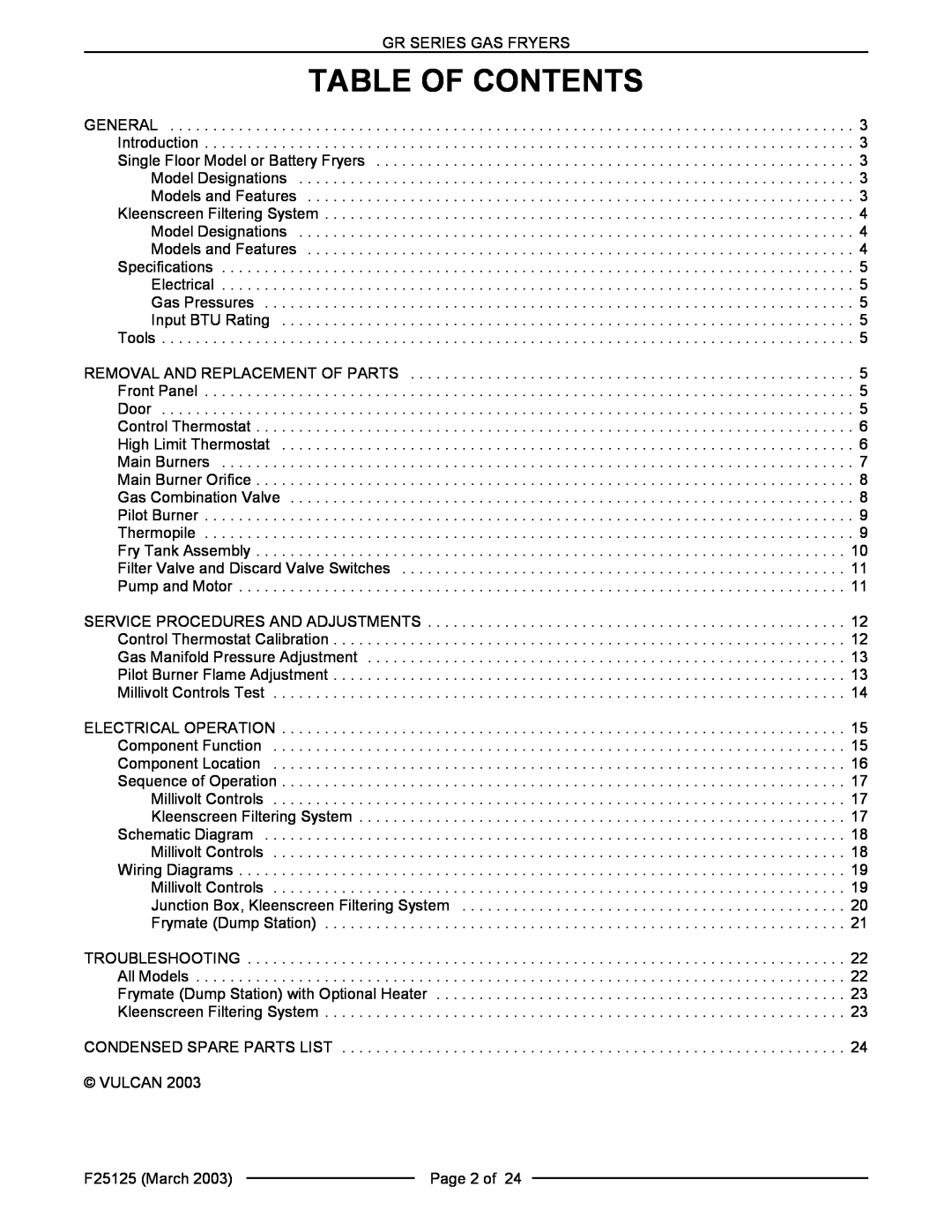 Vulcan-Hart GR85F, GR65F, GR35F, GR45F, GR25 service manual Table Of Contents 