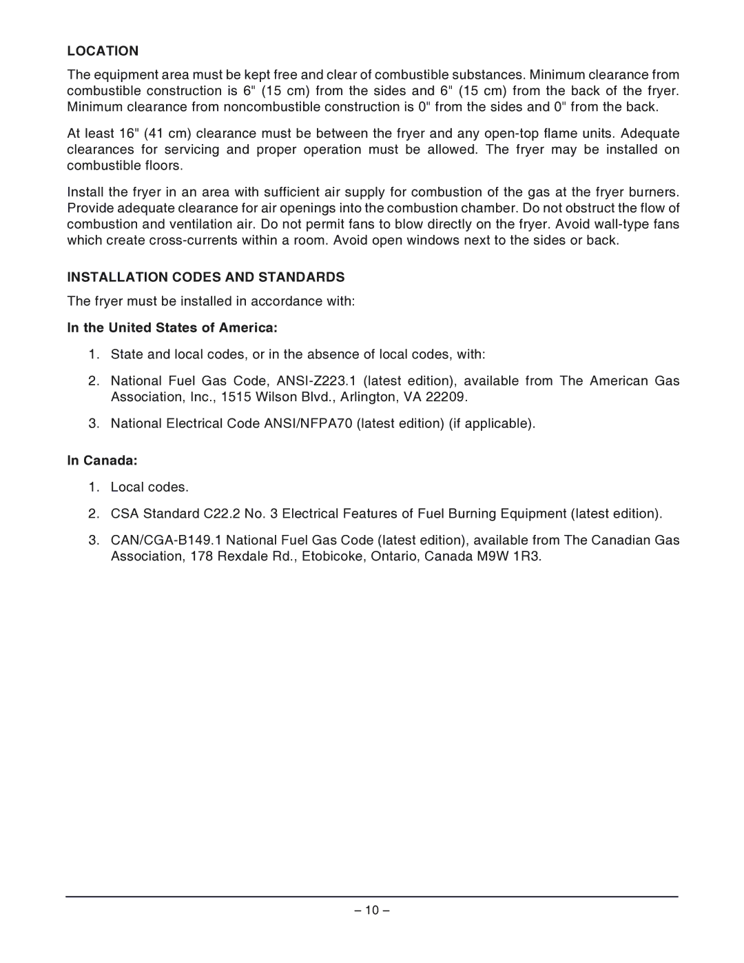 Vulcan-Hart GRD85 ML-052306, GRC85 ML-052307 Location, Installation Codes and Standards, United States of America, Canada 